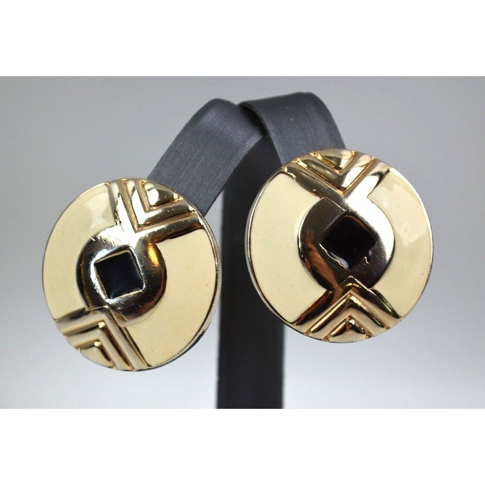 Vintage Large Disc‎ Metal Enamel Clip on Earrings 1.25" Across